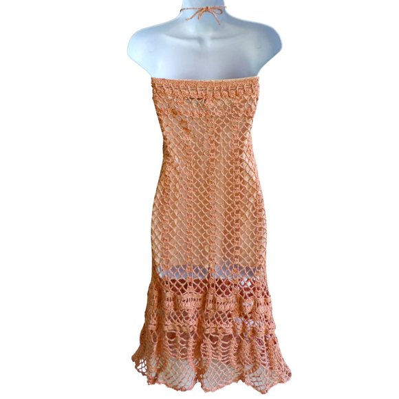 James Coviello Vintage Open Crochet Dress Peachy Pink Cotton Lurex Slip Y2K XL - Picture 4 of 7